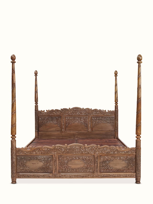 Carved Walnut Wood Poster Bed