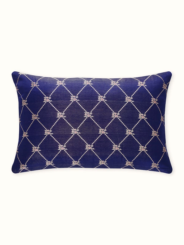 Awadh Navy Blue Banarasi Handloom Silk Lumbar Cushion Cover