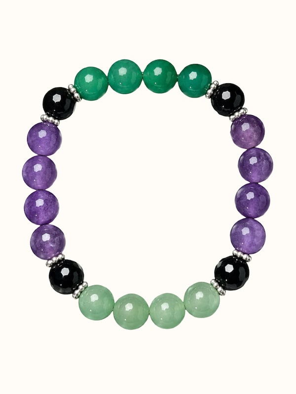Black Onyx, Amethyst, Green Aventurine & Green Onyx Silver Bracelet