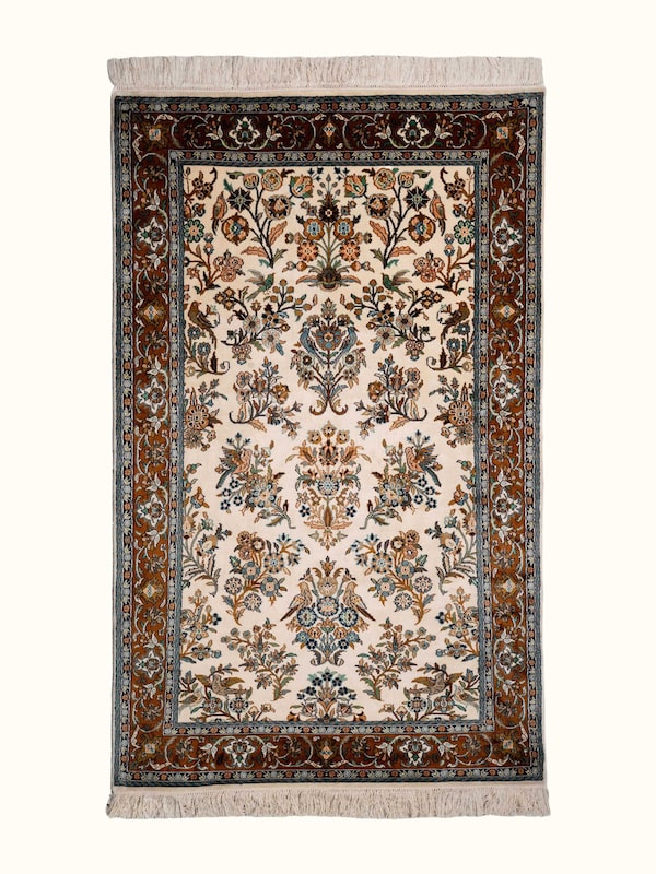 Traditional Persian Ivory Mahal Kashmir Silk Hand-Knotted Carpet