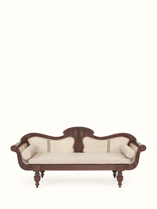 Upholstered Mahagony Wood & Cane 3-Seater Sofa