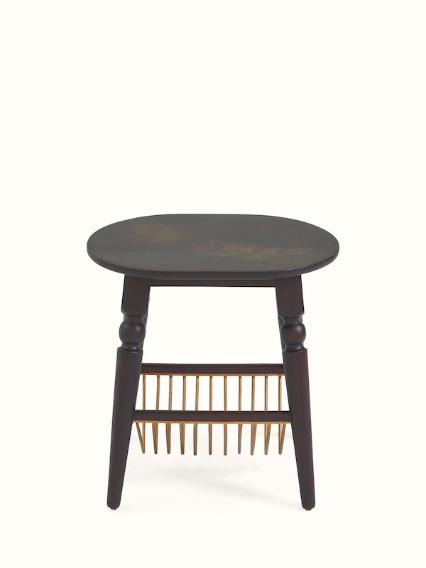 Sheesham Wood & Brass Tarkashi Magazine Rack with Metal Shelf