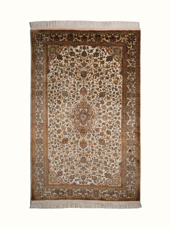 Traditional Persian Ivory Kashan Kashmir Silk Hand-Knotted Carpet