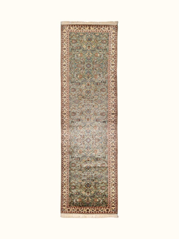 Traditional Persian Sage Cream All-Over Kashmir Silk Hand-Knotted Runner