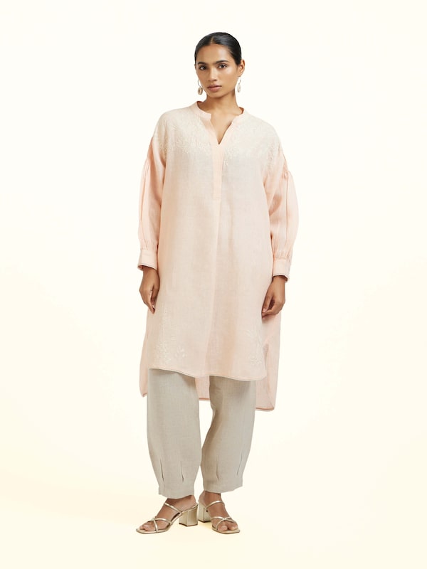 Peach Linen Chikankari Tunic