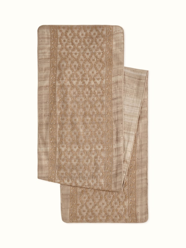 Pragya Beige Ogee Tussar Silk Chikankari Hand Embroidered Table Runner