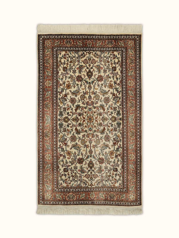 Traditional Persian Ivory Tabriz Kashmir Silk Hand-knotted Rug