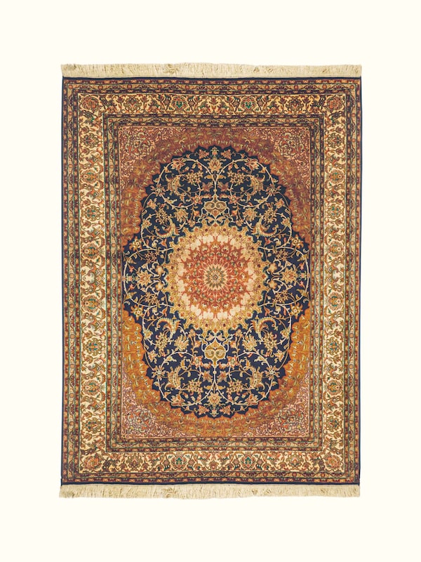 Traditional Persian Navy Rust Isfahan Kashmir Silk Hand-Knotted Carpet