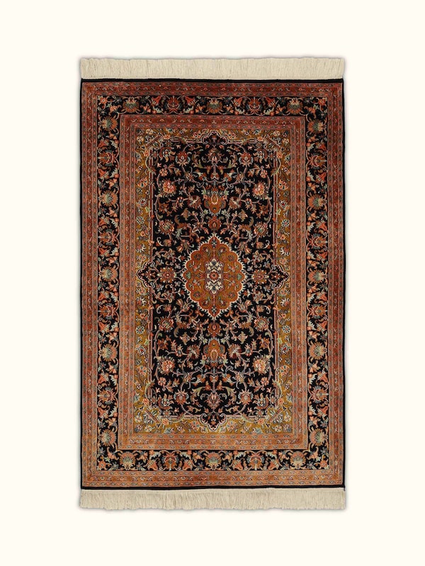 Traditional Persian Navy Blue Tabriz Kashmir Silk Hand-knotted Rug