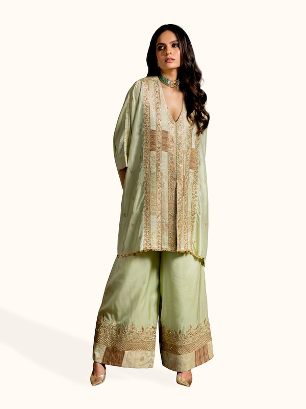 Mint Green Silk Hand Embroidered Patchwork Co-ord Set (2 Pcs)