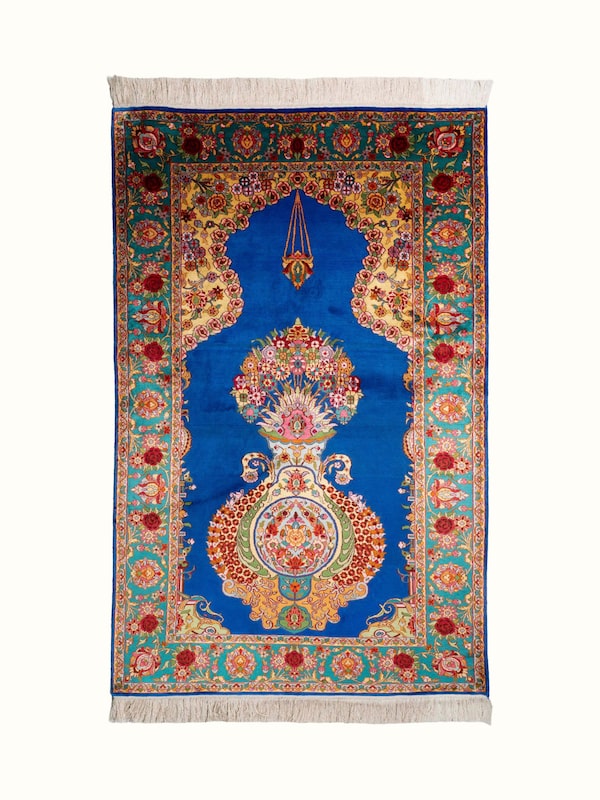 Traditional Persian Blue Guldani Kashmir Silk Hand-Knotted Carpet