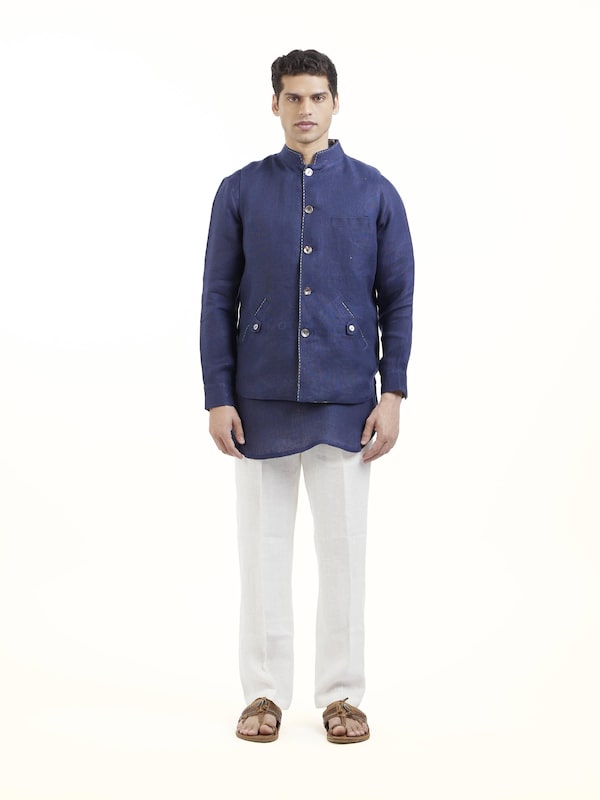Navy Blue Linen Handloom Jacket Set