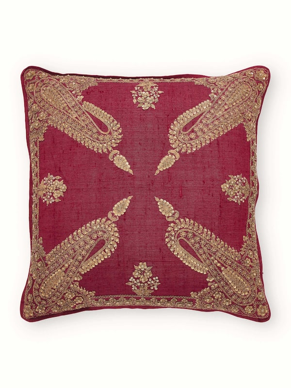 Alankar Maroon Paisley Silk Zardozi Hand Embroidered Cushion Cover