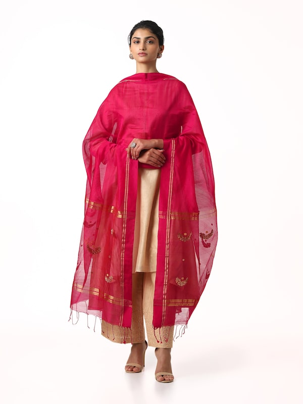 Pink Cotton Silk Chanderi Dupatta