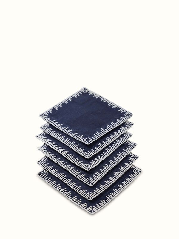 Parvat Indigo Edge Stitch Linen Cotton Hand Embroidered Coaster (6 Pcs)