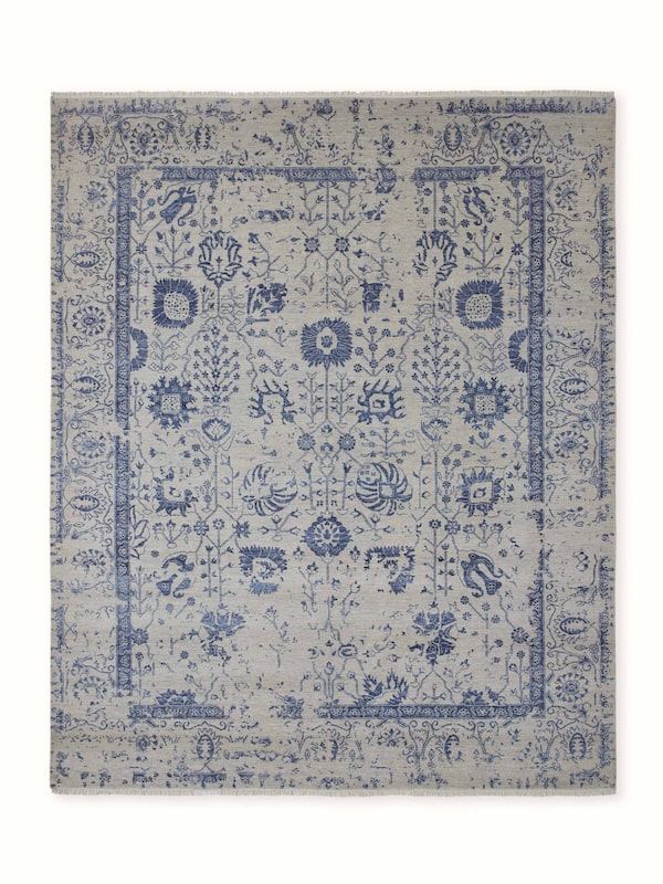 Distressed Transitional Grey Blue Agra Wool & Viscose Hand-knotted Rug