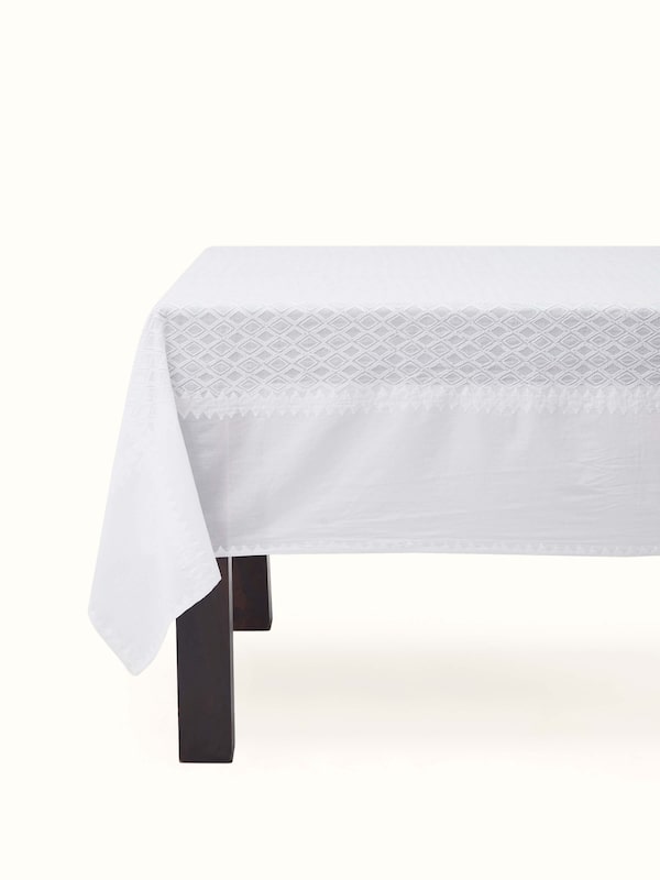 Ananda White Geometric Cotton Chikankari Hand Embroidery Table Cover (6 Seater)