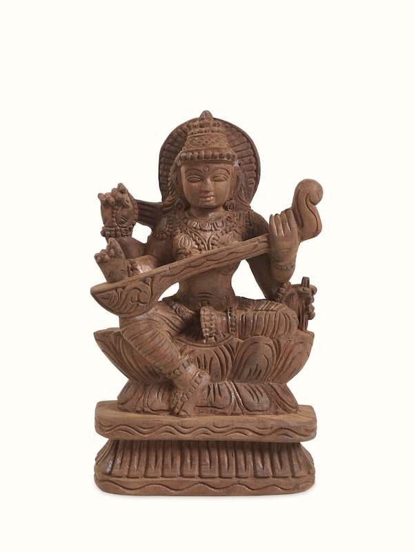 Wood Carved Saraswati Devi Idol