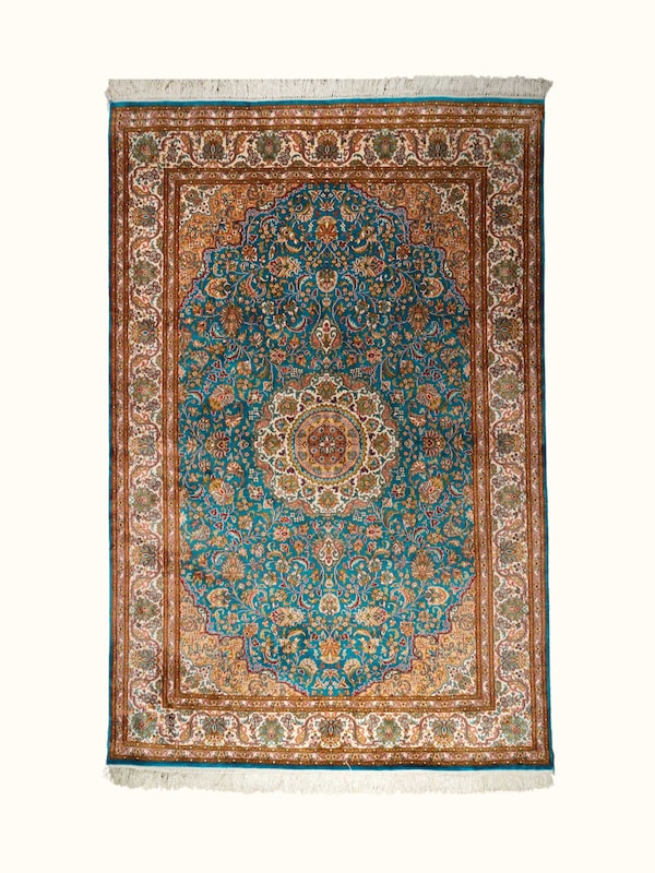 Traditional Persian Blue Kashan Kashmir Silk Hand-Knotted Carpet