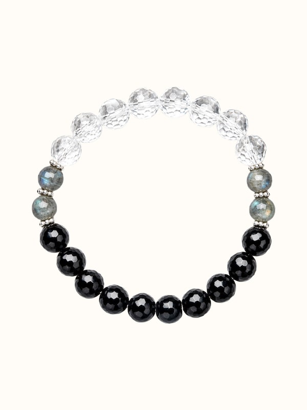 Gemstone Black Onyx, Labradorite & Crystal Bead Silver Bracelet