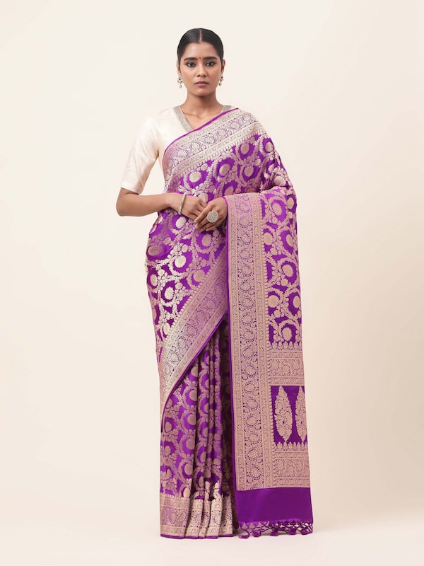 Purple Mulberry Satin Silk Banarasi Saree