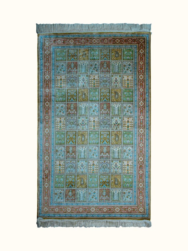 Traditional Persian Green Dabdar Kashmir Silk Hand-Knotted Carpet