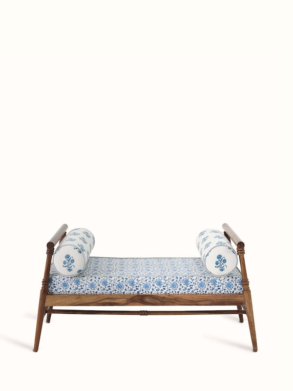 Upholstered Sheesham Wood Sanganeri Block Print Slanted Leg Bench