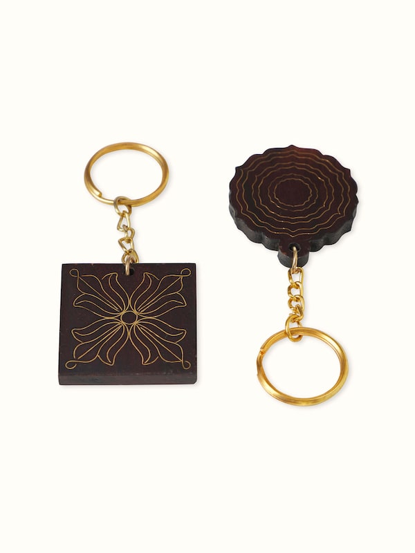 Tarkashi Sheesham Wood & Brass Keychains (2 Pcs)