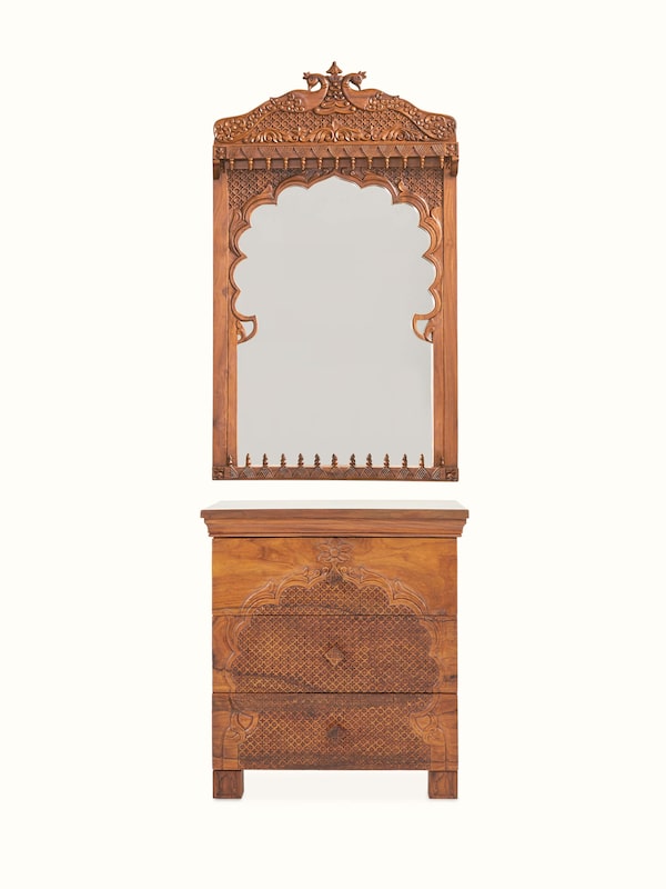 Carved Sheesham Wood Dressing Table & Mirror Set (2 Pcs)