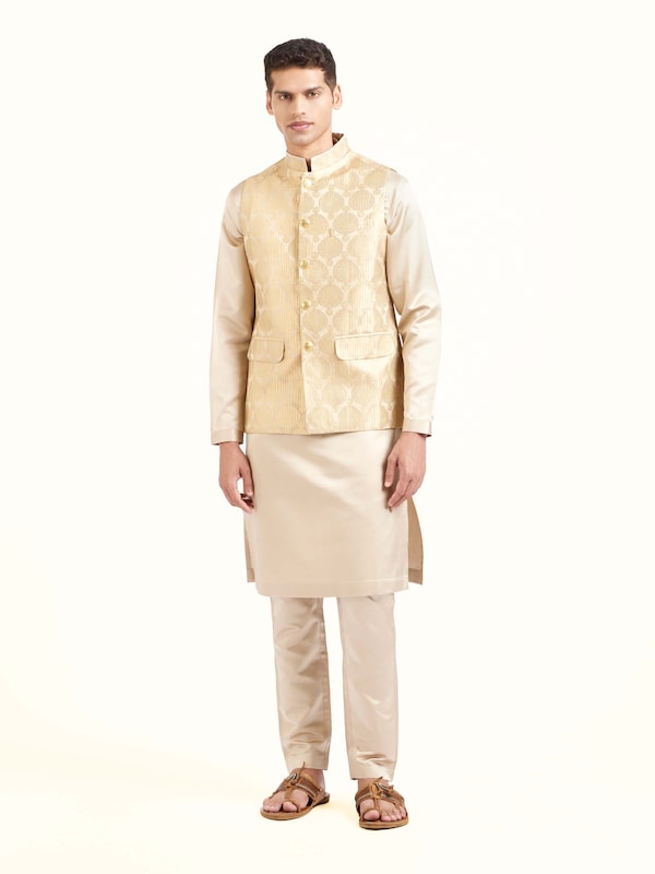 Beige Silk Banarasi Sleeveless Jacket