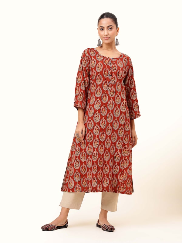 Red Cotton Kalamkari Block Printed Kurta with Marigold Floral Motifs