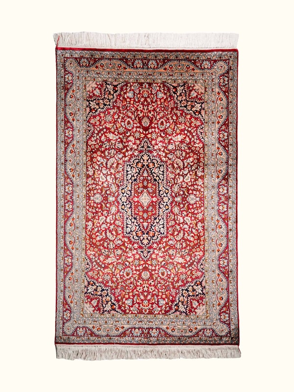 Traditional Persian Red Kashan Kashmir Silk Hand-Knotted Carpet