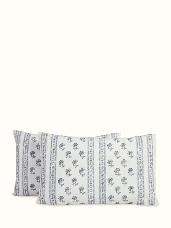 Aarunya Grey Floral Stripe Cotton Sanganeri Hand Block Print Pillow Cases (2 Pcs)
