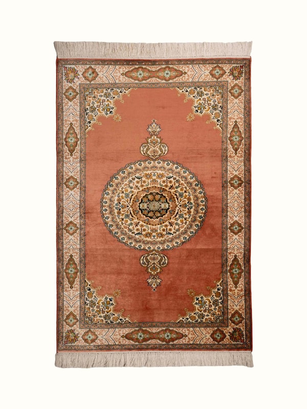 Traditional Persian Rust Opan Kashmir Silk Hand-Knotted Carpet