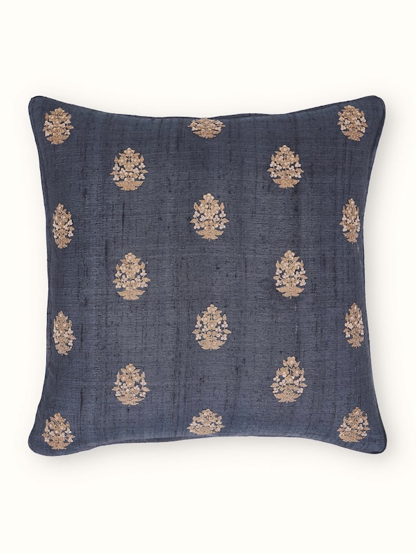 Alankar Dark Blue Buti Silk Zardozi Hand Embroidered Cushion Cover