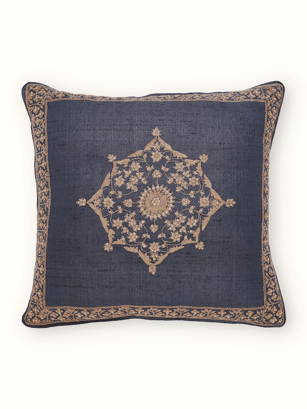 Alankar Dark Blue Buta Silk Zardozi Embroidered Cushion Cover