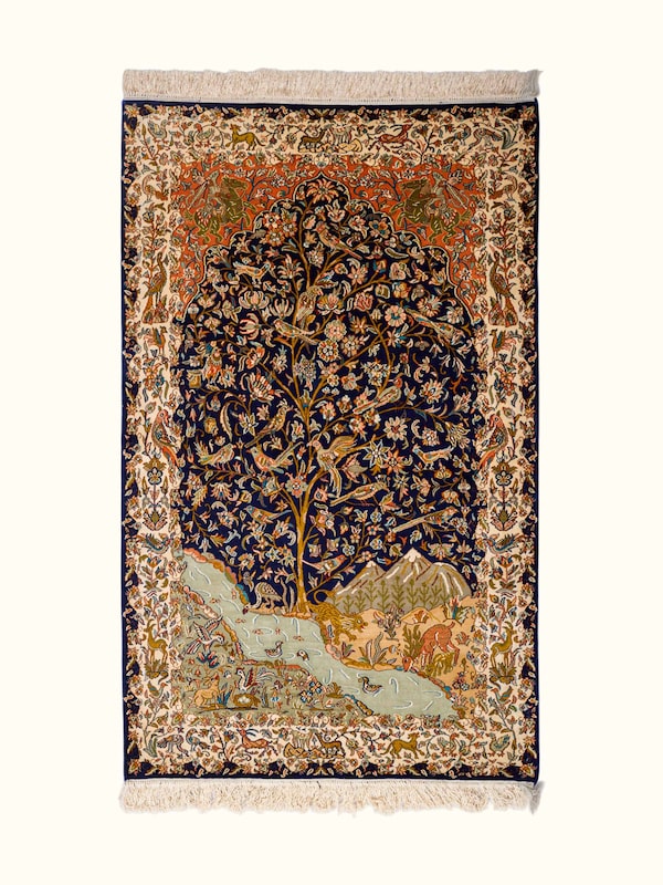 Traditional Persian Navy Rust Tree of Life Kashmir Silk Hand-Knotted Carpet