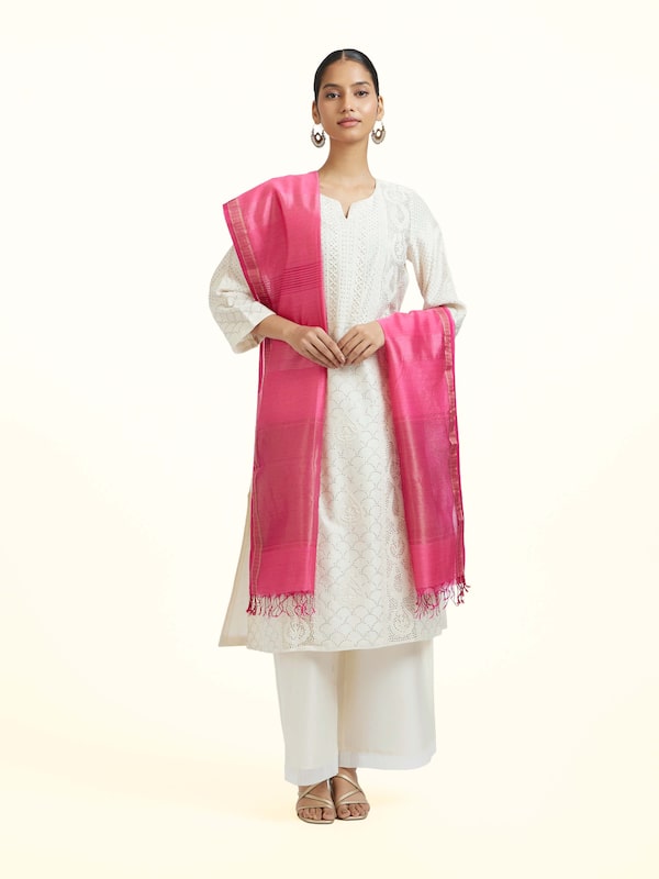 Fuschia Cotton Silk Maheshwari Zari Border Dupatta