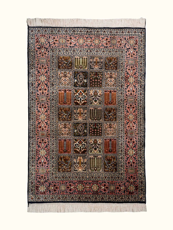 Traditional Persian Pink Dabdar Kashmir Silk Hand-Knotted Carpet