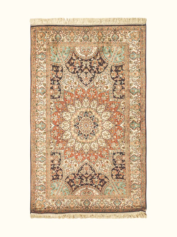 Traditional Persian Rust Sage Medallion Kashmir Silk Hand-Knotted Carpet