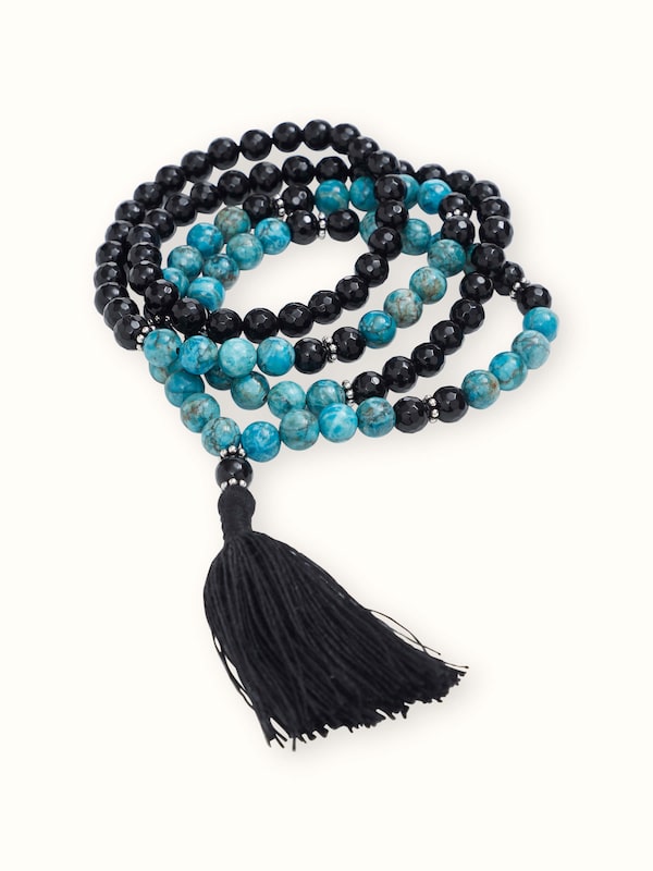 Black Onyx & Turquoise Silver Mala