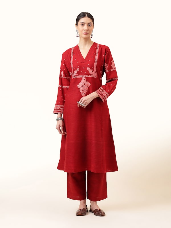 Maroon Silk Crewel Embroidered Kurta