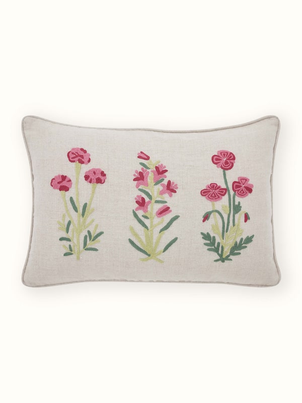 Mughal Miniature Magenta Buta Linen Kashmir Chain Stitch Hand Embroidery Cushion Cover