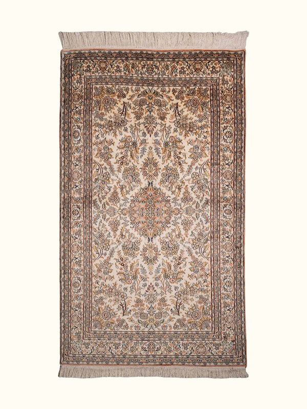 Traditional Persian Ivory Mahal Kashmir Silk Hand-Knotted Carpet