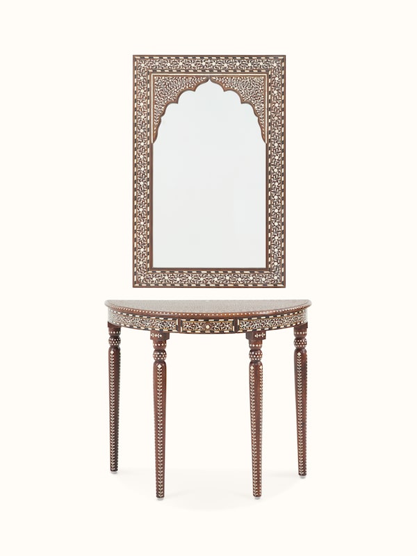 Sheesham Wood & Bone Inlay Dressing Table with Semicircular Console