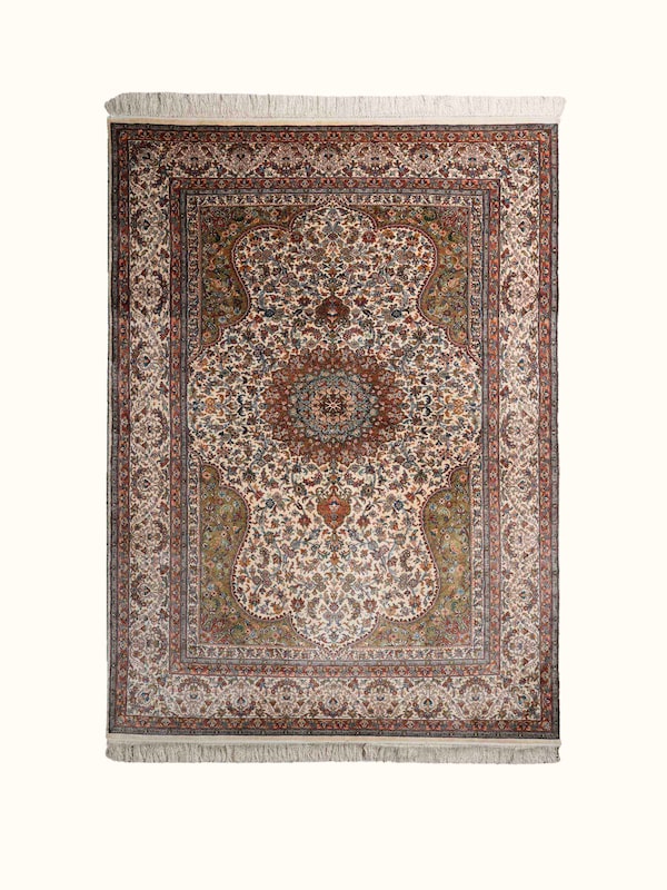 Traditional Persian Ivory Green Kerman Kashmir Silk Hand-Knotted Carpet