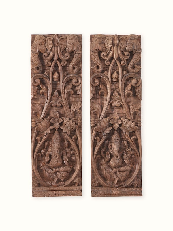 Wood Carved Ganesha Wall Panel (2 Pieces)