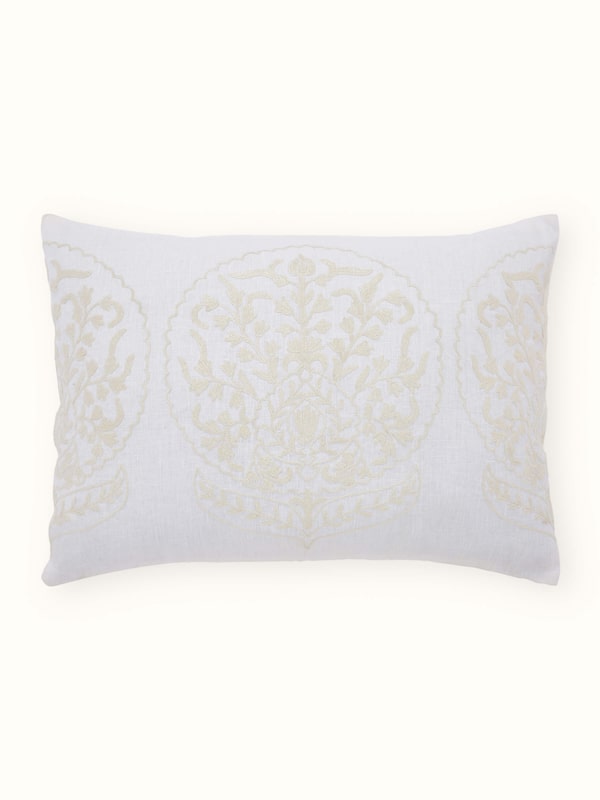 Razza Ivory Carnation Allover Linen Kashmir Chain Stitch Hand Embroidery Cushion Cover