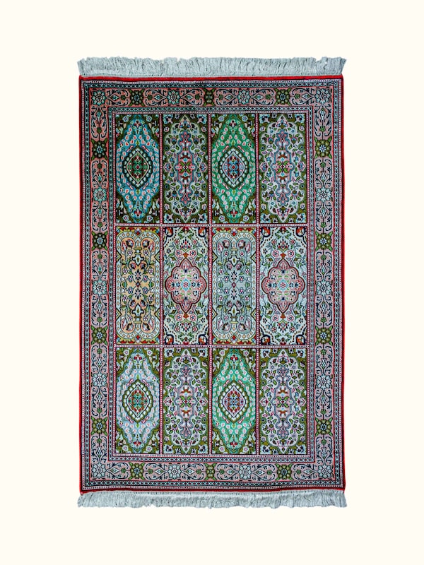 Traditional Persian Green Gum Kashmir Silk Hand-Knotted Carpet