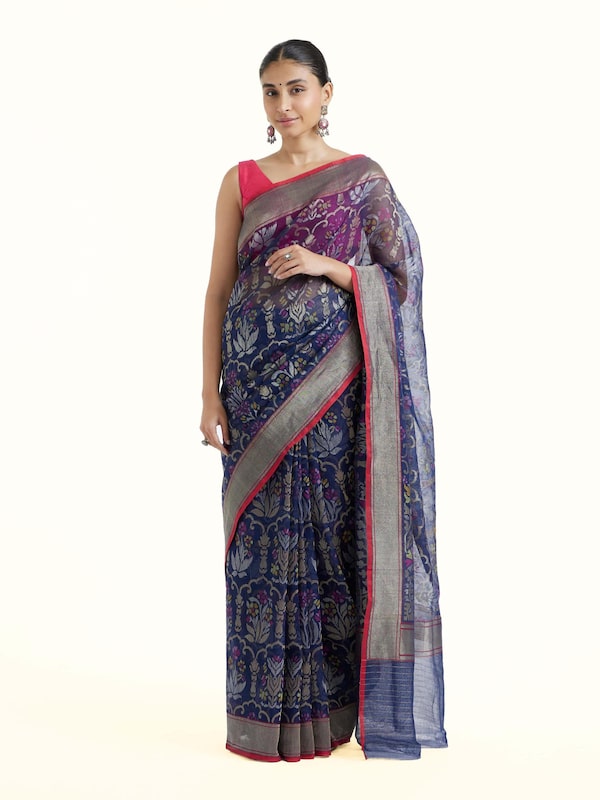 Blue Cotton Awadh Jamdani Saree